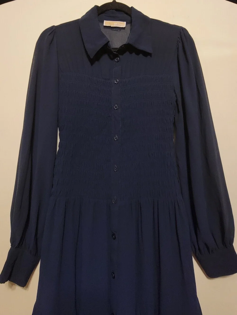 Michael Kors Navy Smocked Button Down Shirt Dress Women Size M